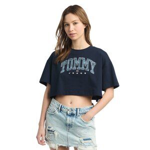 Tommy Jeans Women's Cotton Oversized Cropped Tartan Graphic T-Shirt Blue Size XL